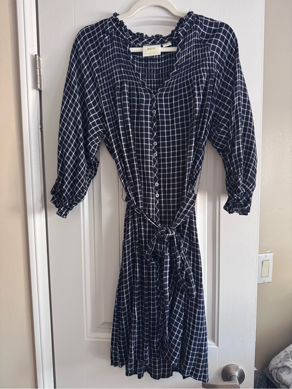 Anthropologie Maeve Navy and White Windowpane Midi Dress